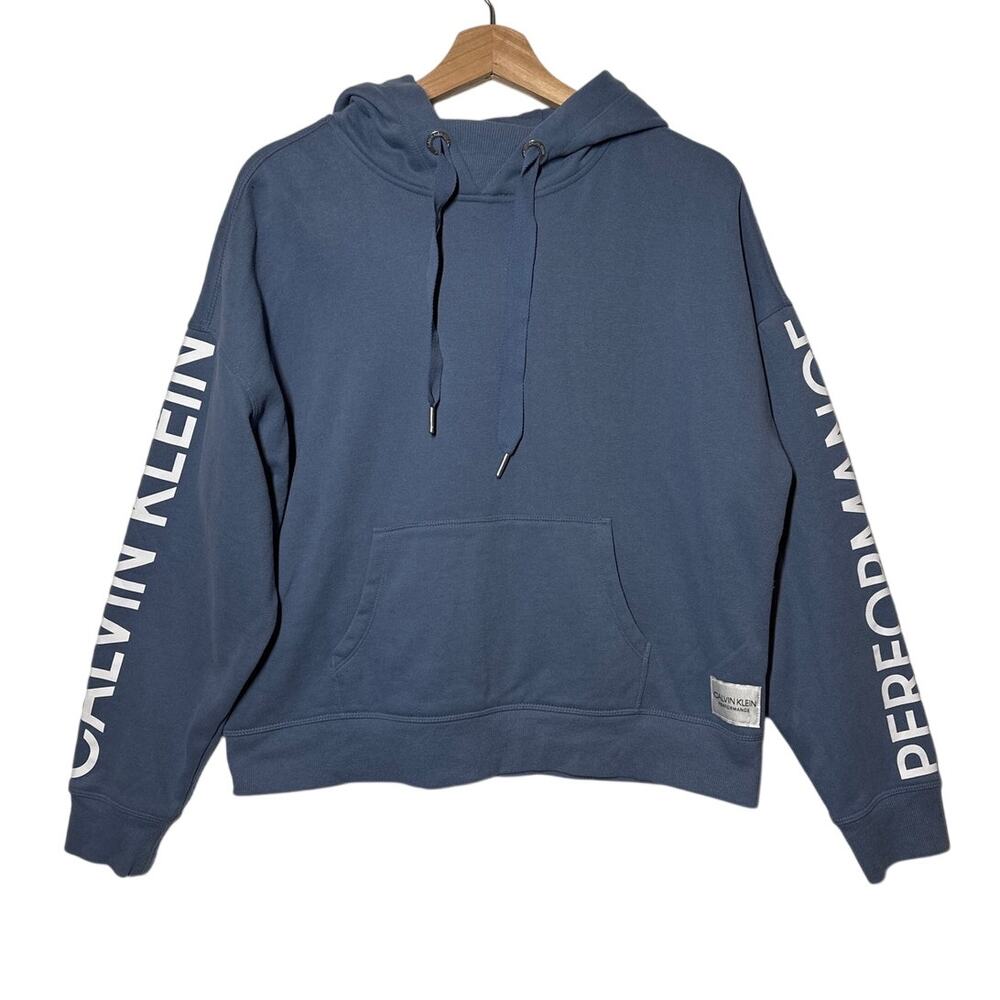 Calvin Klein Performance Hoodie Sweatshirt Cropped Blue Spell Out Logo Sz L
